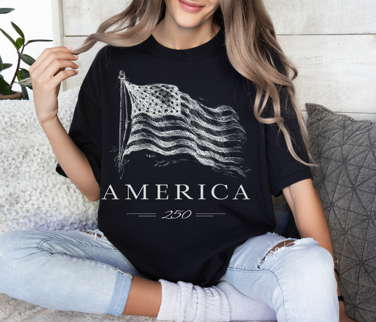 America 250 Flag Tee – Black Comfort Colors Tee