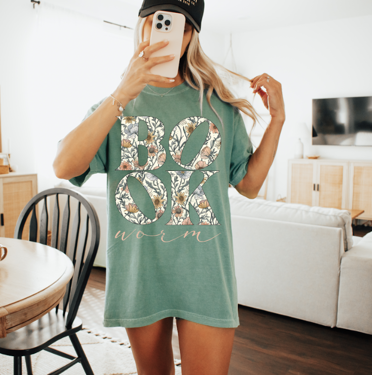 Floral Book Worm Comfort Colors Tee